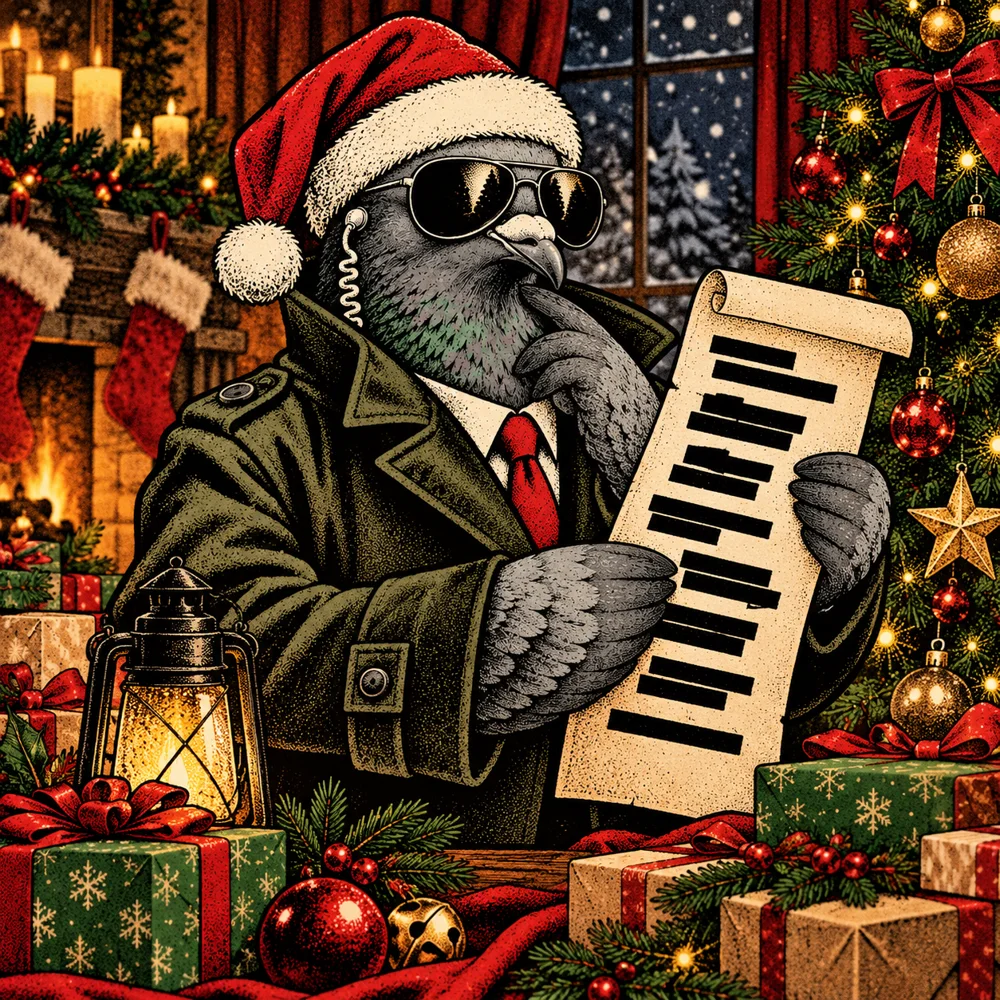 Christmas: Agent Zero Santa hat and spy coat, inspecting blacked-out naughty list beside Christmas tree and gifts