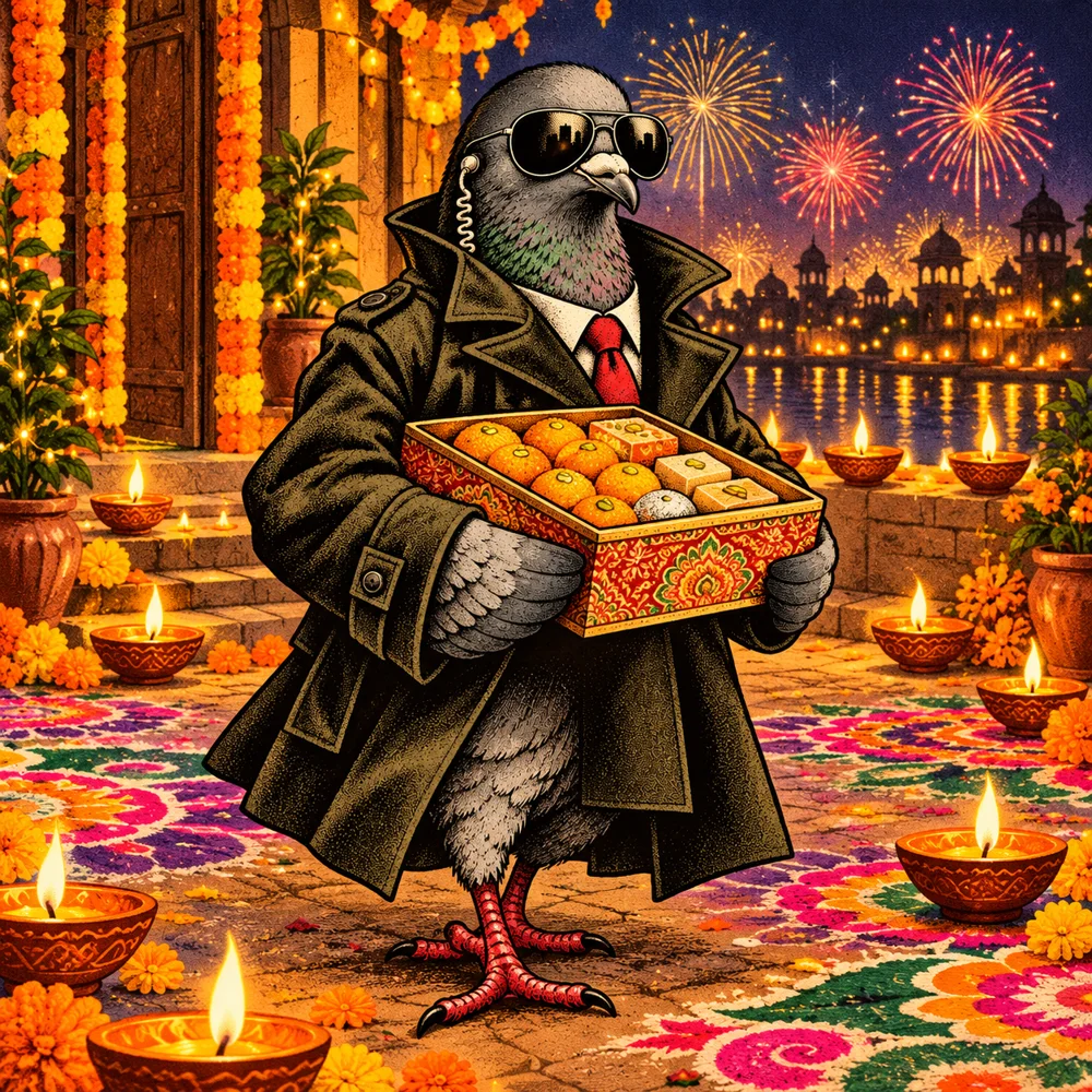 Diwali: Agent Zero spy pigeon carrying box of sweets among warm diyas and colorful rangoli, festive respectful scene