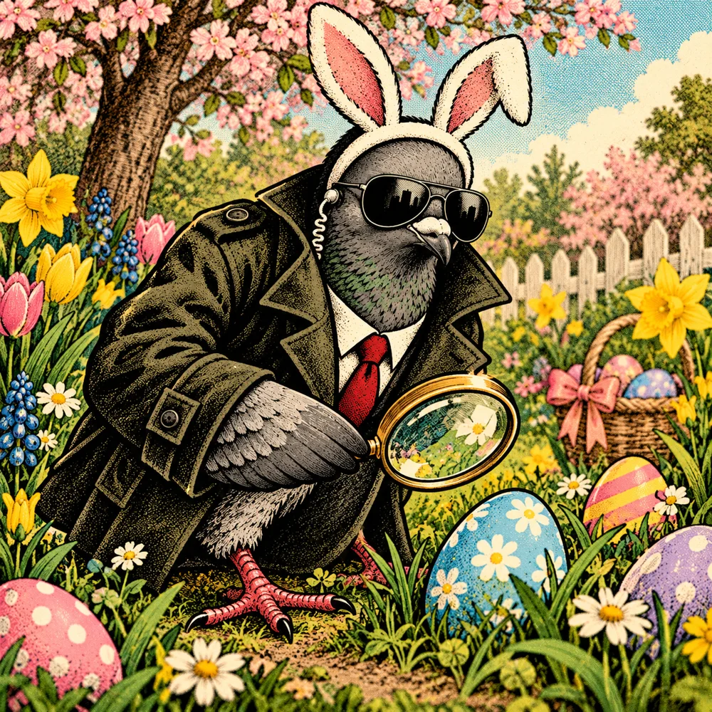 Easter: Agent Zero rabbit-ear headband over spy outfit investigating pastel eggs with magnifying glass in spring garden