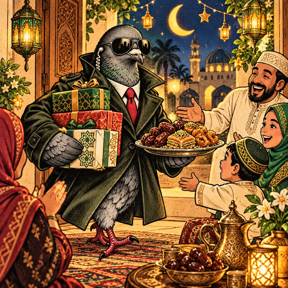 Eid: Agent Zero spy pigeon arriving with wrapped gifts and plate of sweets at warm Eid family gathering, crescent decorations and lanterns