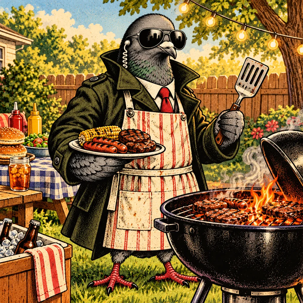Father’s Day: Agent Zero father pigeon at backyard grill in spy coat and apron, holding spatula like a secret gadget