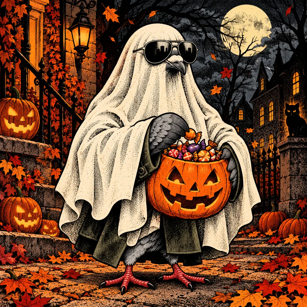 Halloween: Agent Zero wearing a ghost sheet over spy coat, sunglasses over sheet, guarding pumpkin full of candy in spooky autumn street