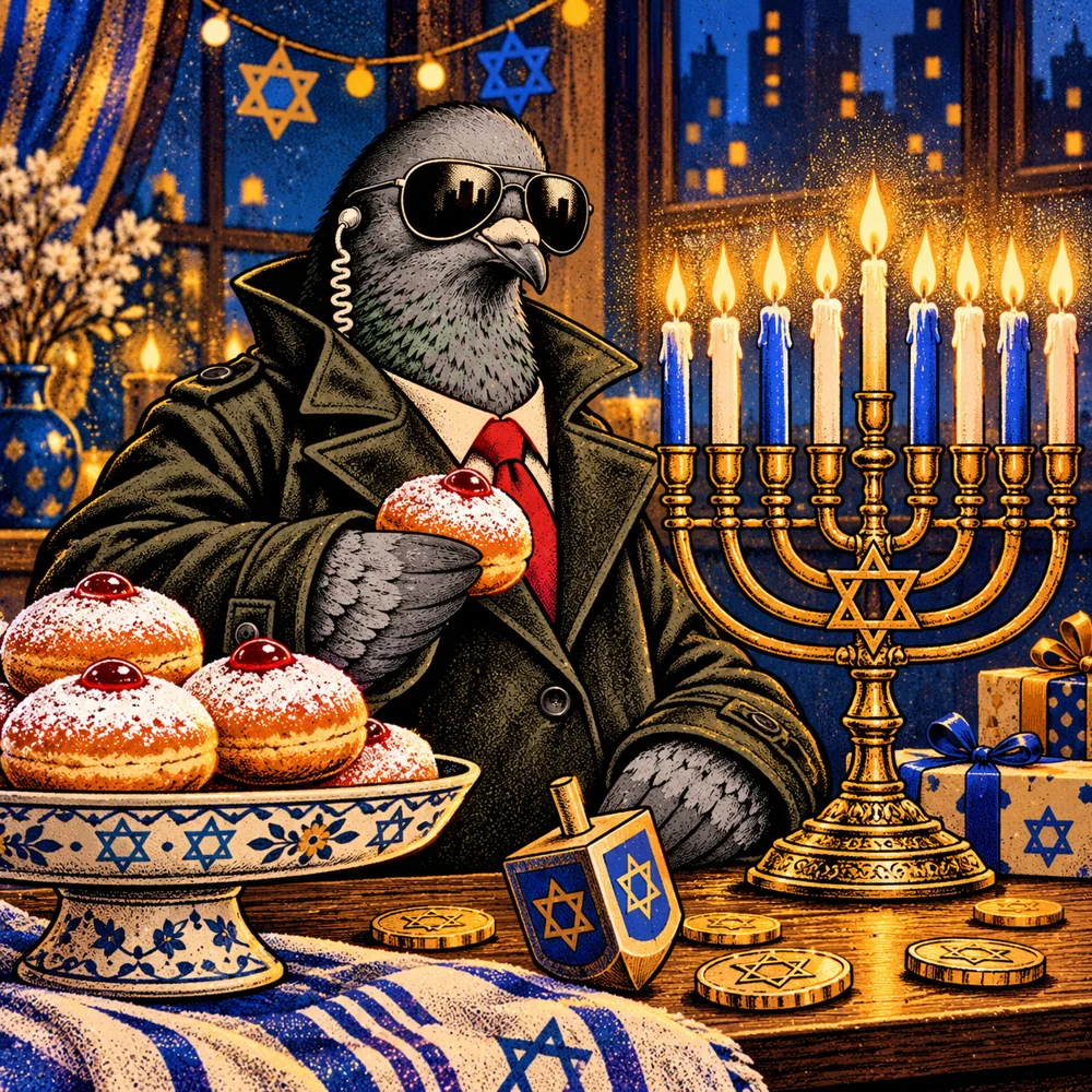 Hanukkah: Agent Zero spy pigeon with sufganiyot and dreidel beside a nine-branched Hanukkah menorah, warm blue gold celebration