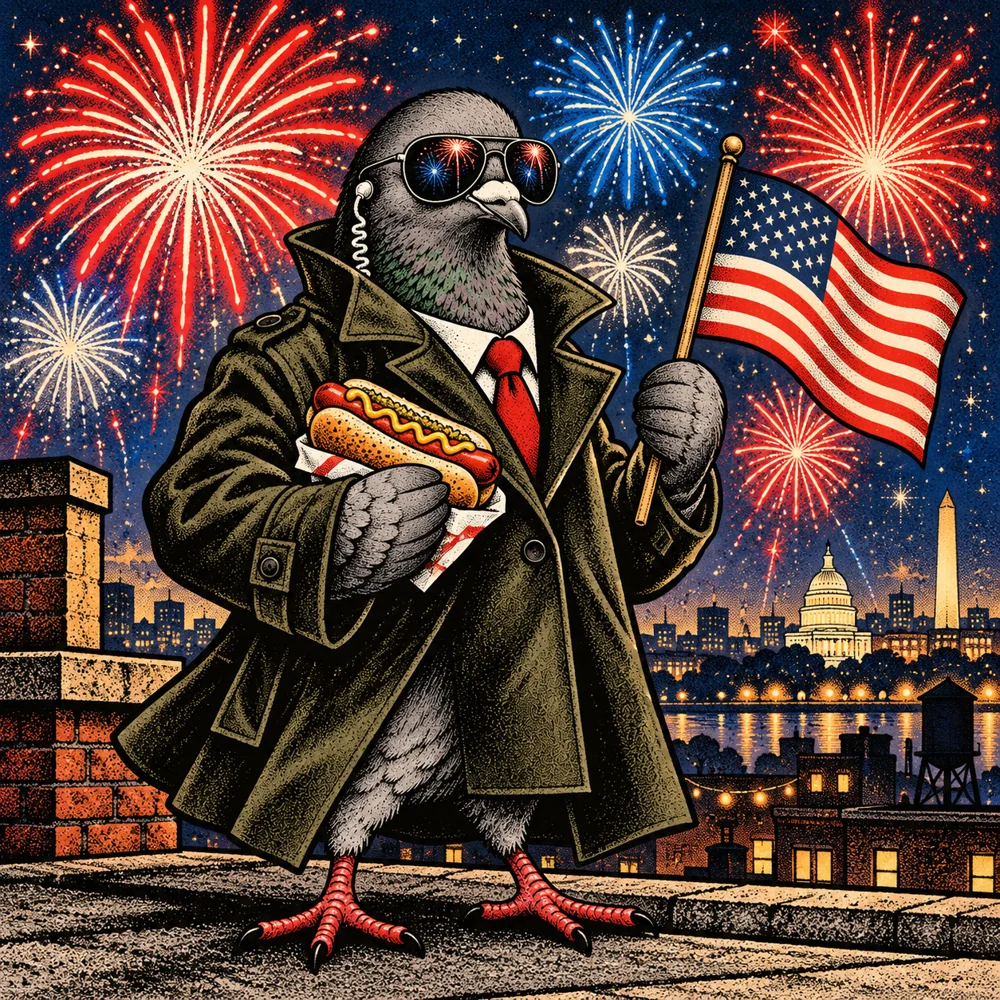Independence Day: Agent Zero spy pigeon at rooftop Fourth of July fireworks with small American flag and hotdog