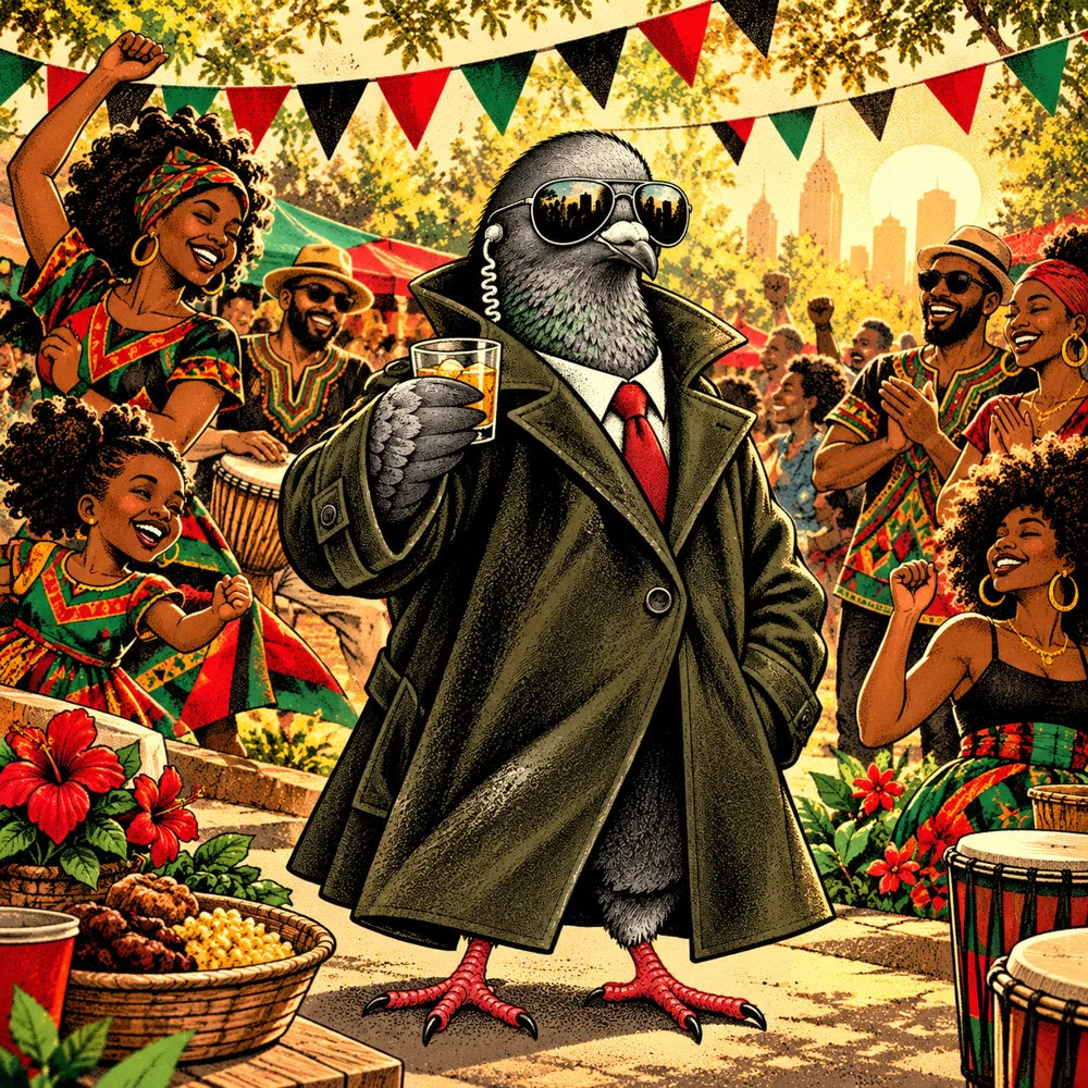 Juneteenth: Agent Zero joyful community gathering with red black green bunting and warm sunlight, respectful celebratory scene