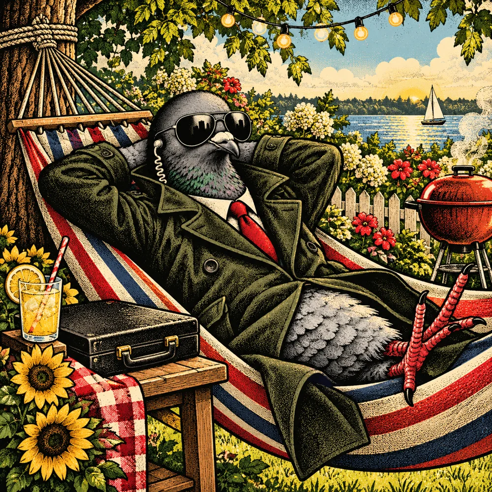 Labor Day: Agent Zero relaxing in hammock in spy coat and sunglasses with closed briefcase, end-of-summer garden