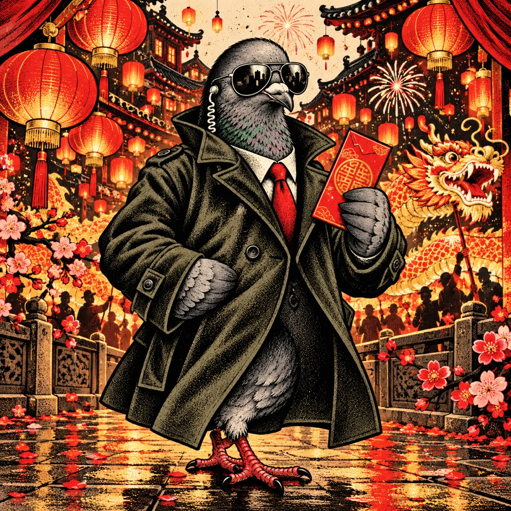 Lunar New Year: Agent Zero red and gold lantern festival, carrying red gift envelope with dignified playful expression