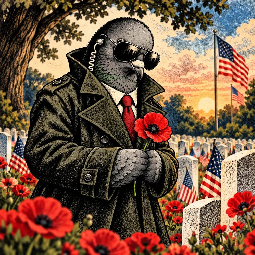 Memorial Day: Agent Zero respectfully holding red poppy with bowed head in peaceful memorial garden, no comedy or weapons