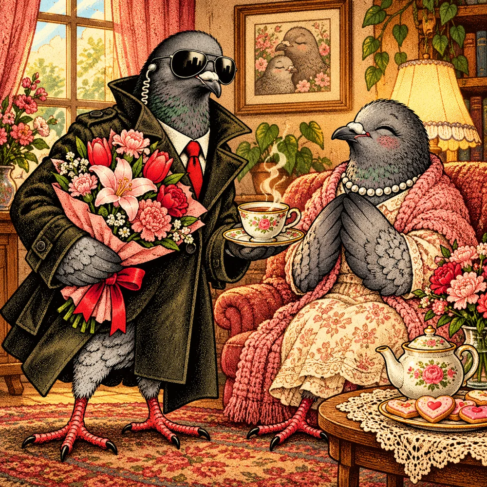 Mother’s Day: Agent Zero offering flowers and warm tea to loving mother pigeon in cozy home