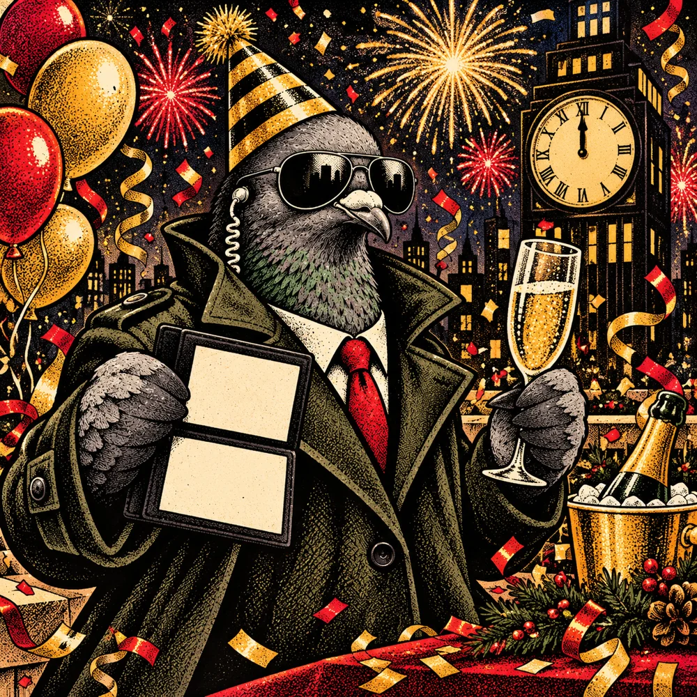 New Year’s: Agent Zero party hat, confetti and midnight clock, holding clearly blank spy ID and sparkling cider