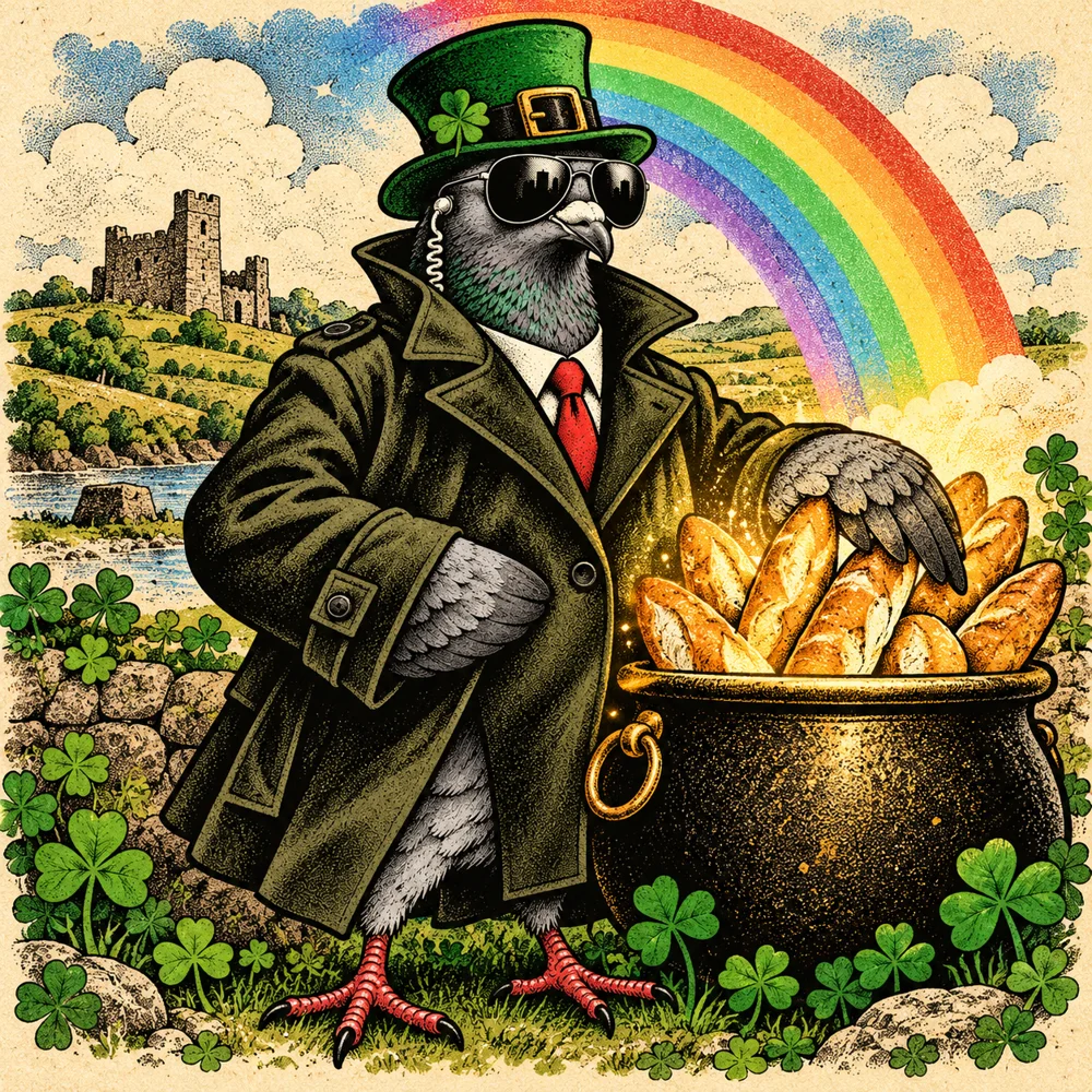 St. Patrick’s Day: Agent Zero green hat and spy coat guarding gold pot filled with baguettes under rainbow