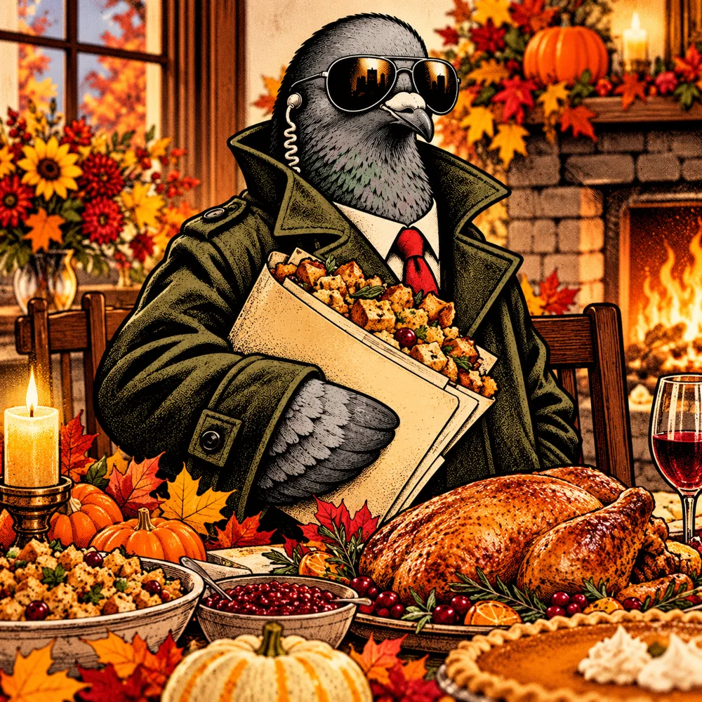 Thanksgiving: Agent Zero at cozy harvest dinner carrying a classified dossier full of bread stuffing, pumpkins and autumn leaves