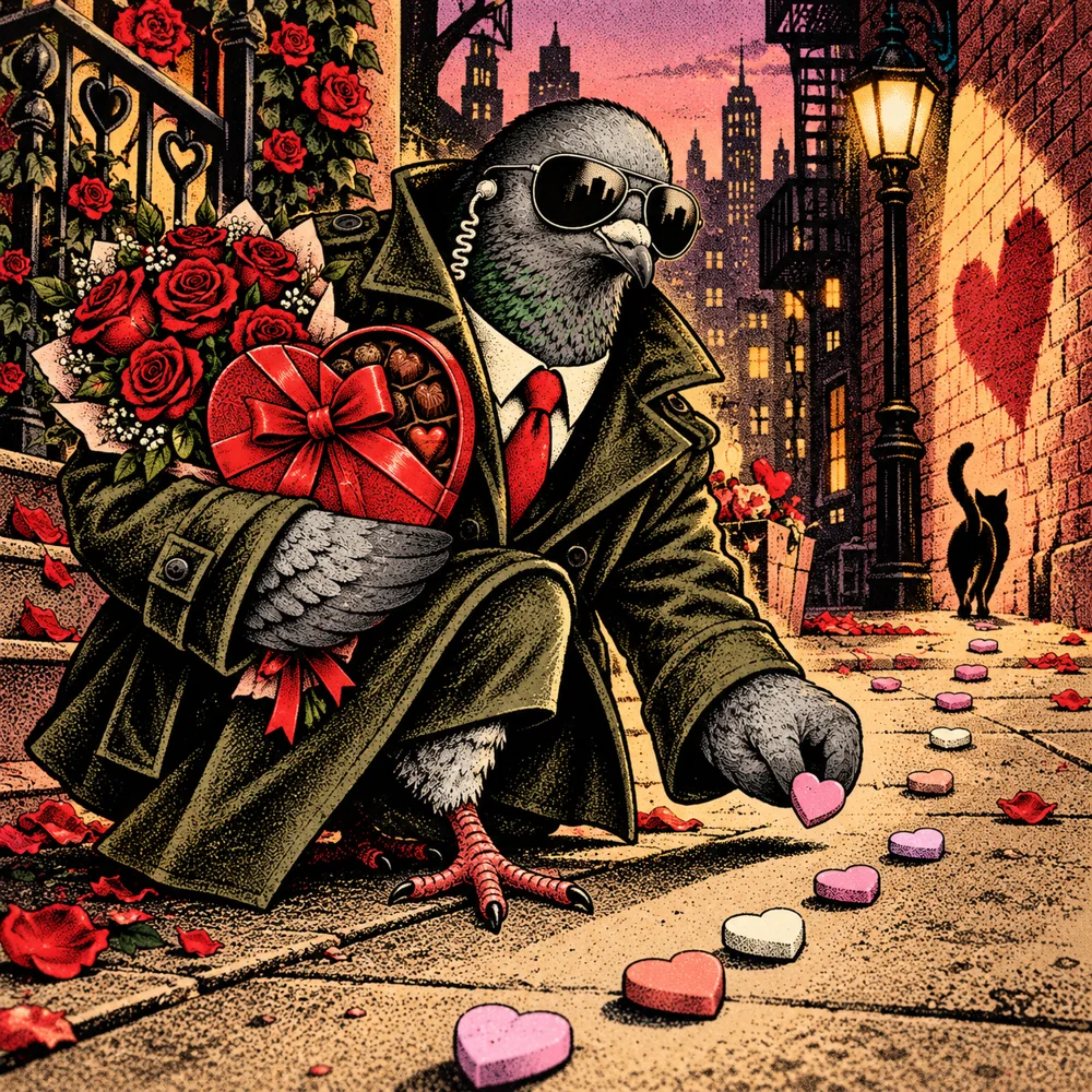 Valentine’s Day: Agent Zero holding heart-shaped chocolates and roses, investigating a trail of candy hearts