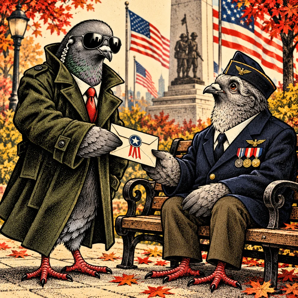 Veterans Day: Agent Zero spy pigeon respectfully offering thank-you envelope to older veteran pigeon on park bench, dignified warm tribute, no weapons