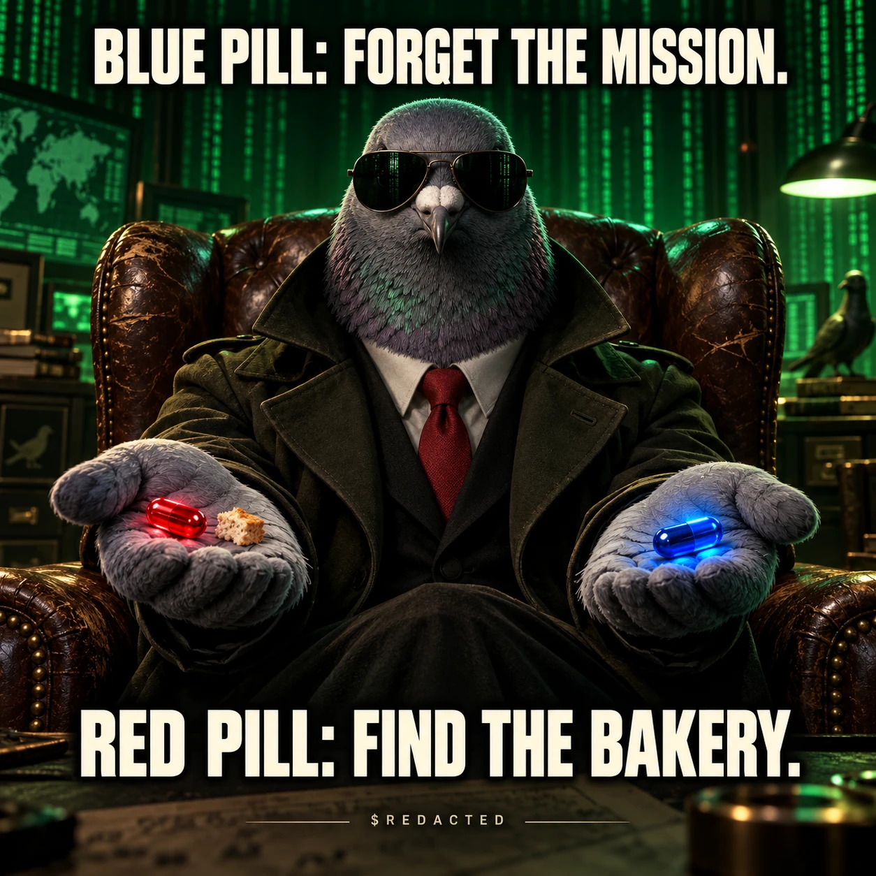 Blue pill: forget the mission. Red pill: find the bakery.