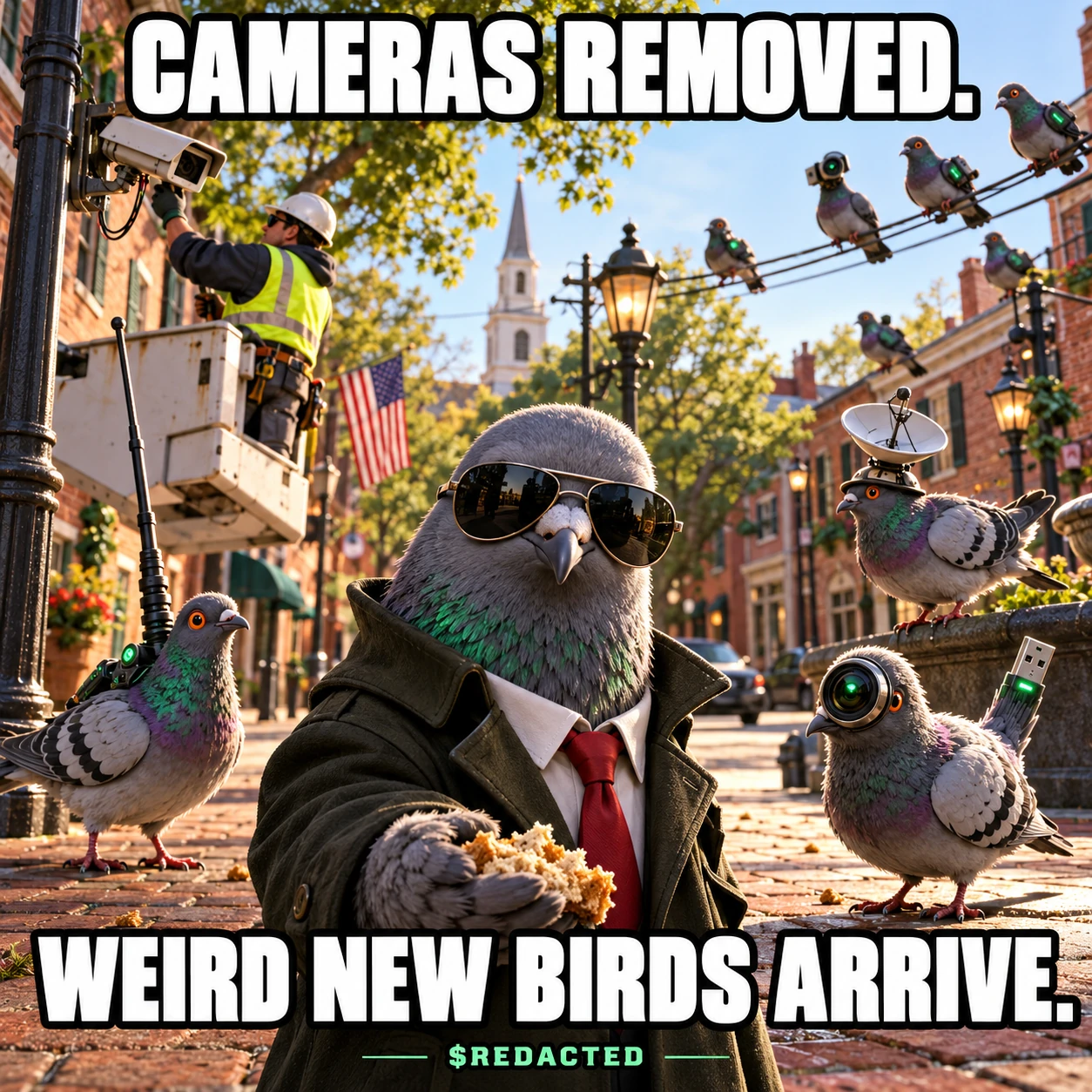 Cameras removed. Weird new birds arrive. A fictional Agent Zero surveillance parody.